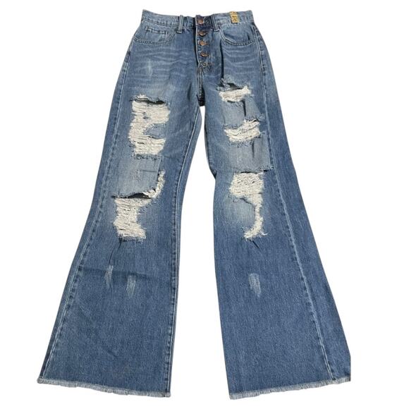Vibrant Womens Jeans Juniors Size 5 Ripped Raw Hem Button Fly Wide Leg Denim - Picture 1 of 11